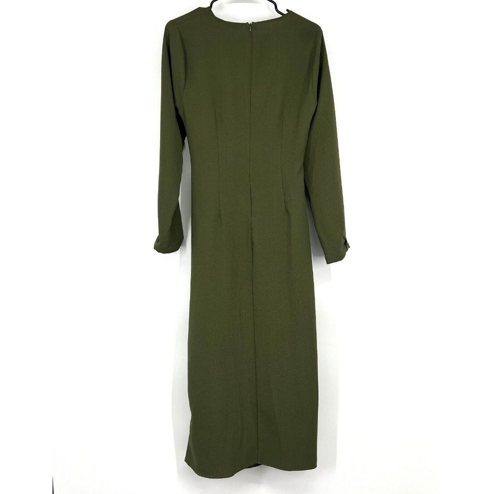 Zara Dress Green Button Front Crepe Long Sleeve Draped Midi - Picture 8 of 11